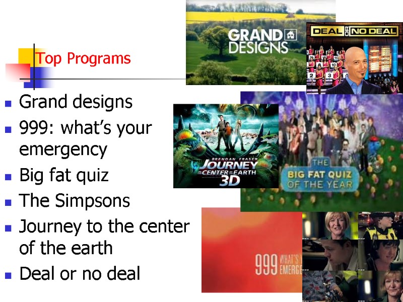 Top Programs Grand designs 999: what’s your emergency Big fat quiz The Simpsons Journey